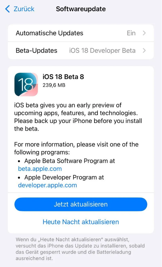 枣强苹果手机维修分享苹果 iOS / iPadOS 18 开发者预览版 Beta 8 发布 